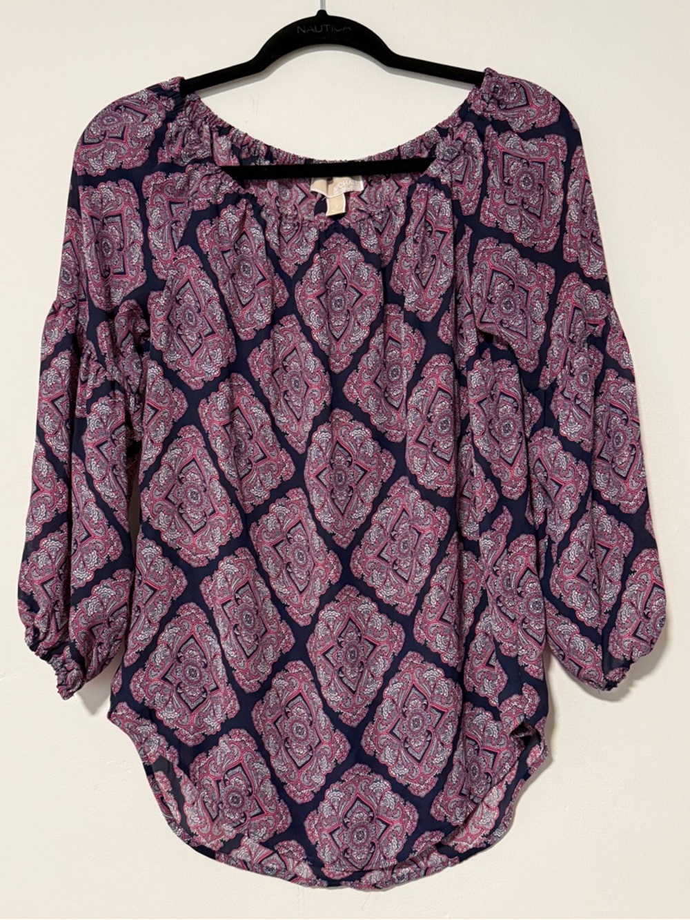 Michael Kors Women's Navy and Pink Printed Peasant Blouse Size Small